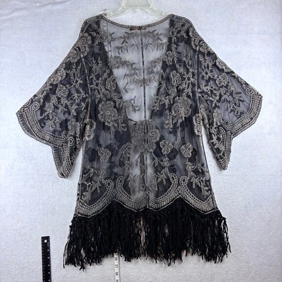 Origami Vivien Kimono Womens OS Embroidered Lace Sheer Boho Gypsy Leather Fringe - Picture 15 of 16